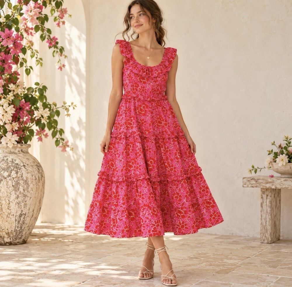 J.Crew Womens Size 8 Pink Floral Cotton Tiered Midi Dress Ruffle Pockets Garden